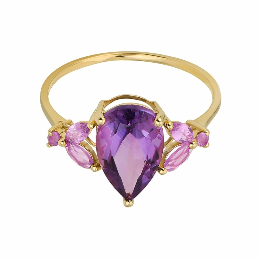 Shop Women Bling Jewelry Unique Rings | 14K Gold Gemstone Side Stones Pink Tourmaline Teardrop Ring