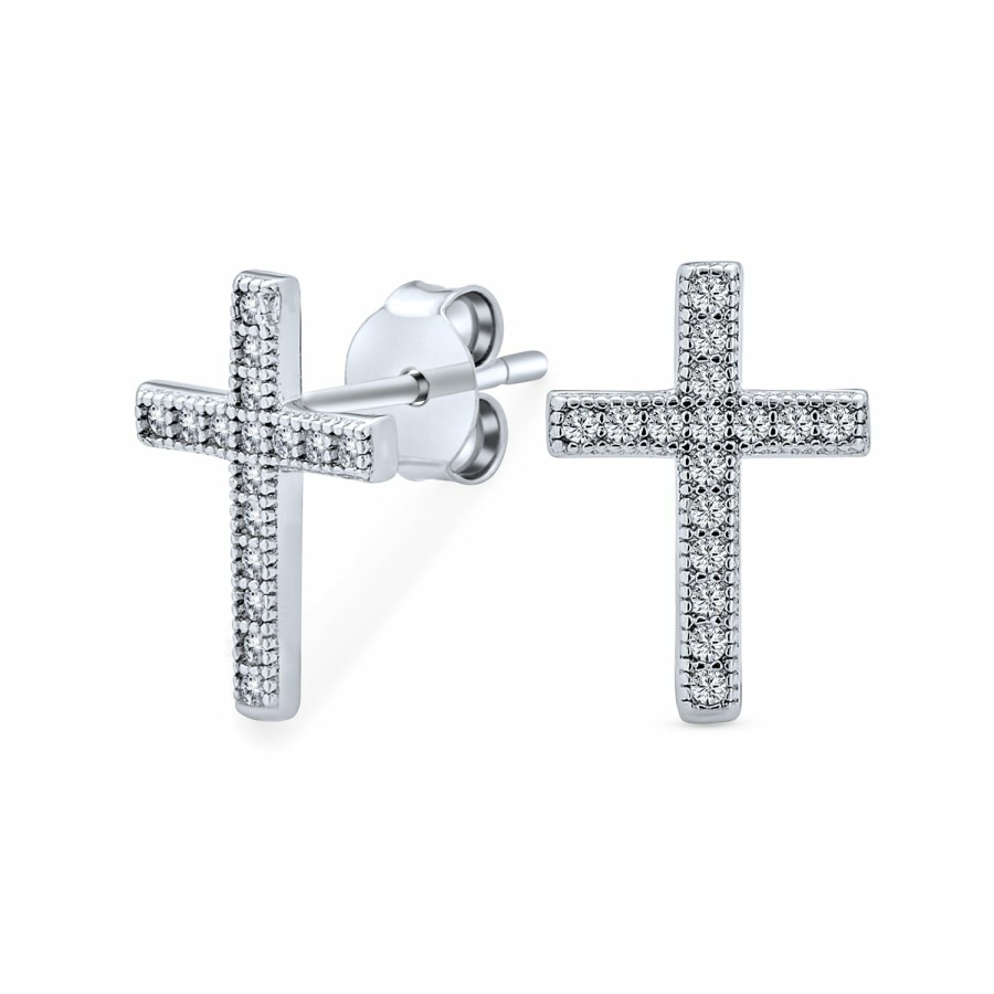 Shop Women Bling Jewelry Stud Earrings | Cross Religious Communion Cz Micro Pave Stud Earrings Sterling Silver