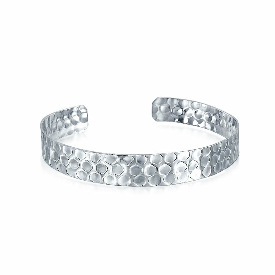 Shop Women Bling Jewelry Cuff Bangle Bracelets | Hammered Matte Flat Honeycomb Bangle Cuff Bracelet .925 Sterling Silver