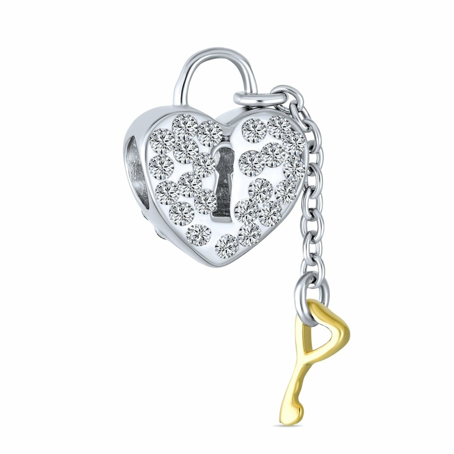 Shop Women Bling Jewelry Unique Charms | Heart Shaped Lock Love Gold Plated Key Charm Bead .925 Sterling