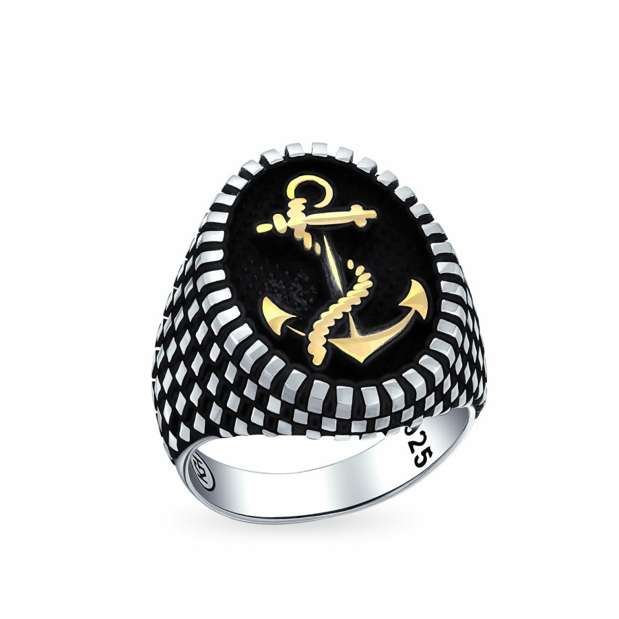 Shop Men Bling Jewelry Mens Engravable Rings | Men Large Rope Anchor Signet Ring Checker Board Black .925 Silver