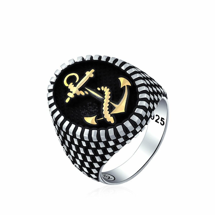 Shop Men Bling Jewelry Mens Engravable Rings | Men Large Rope Anchor Signet Ring Checker Board Black .925 Silver