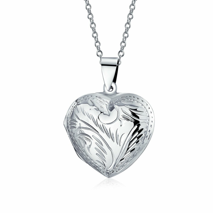 Shop Women Bling Jewelry Lockets | Vintage Style Leaf Engraved Puff Heart Photo Keepsake Locket Silver