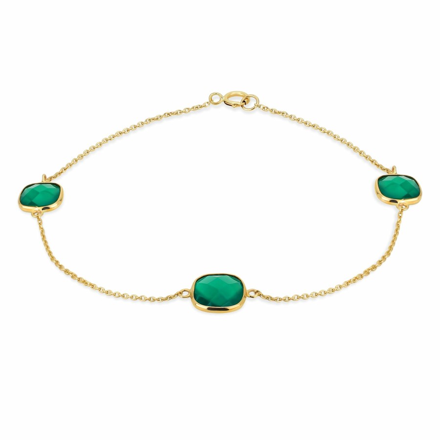 Shop Women Bling Jewelry Delicate Bracelets | Delicate 10K Yellow Gold Cushion Cut Green Onyx Station Bracelet 7.25 Inch