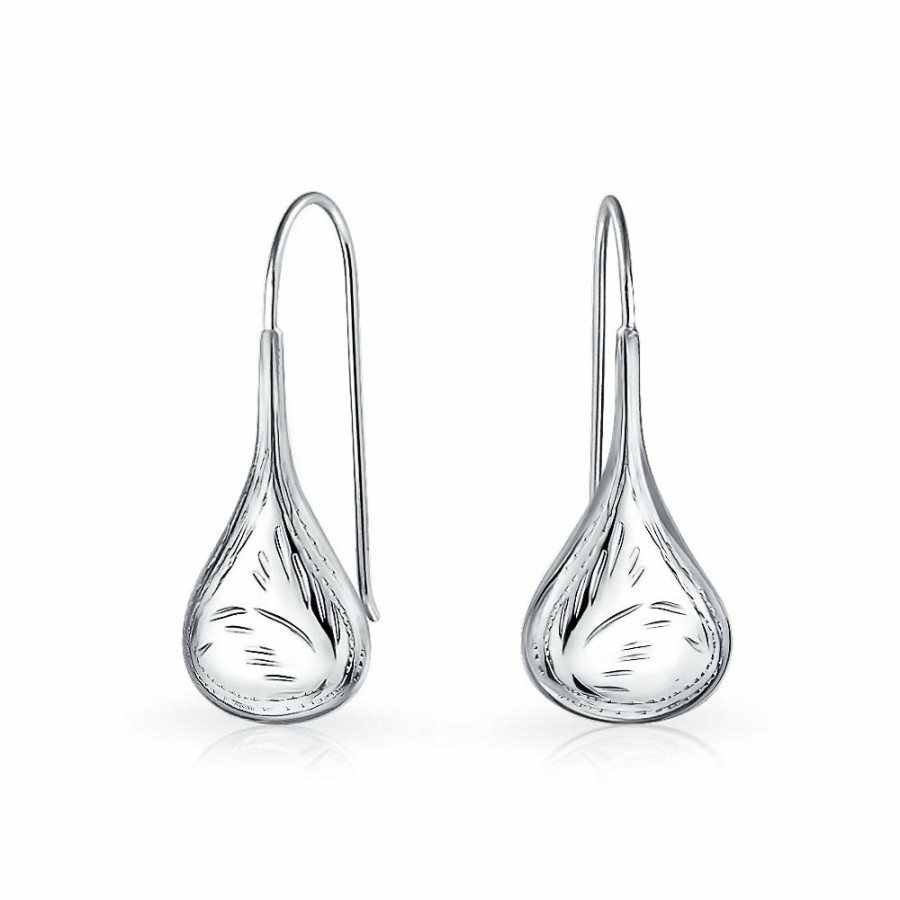 Shop Women Bling Jewelry Dangle Drop Earrings | Carved Rain Drop Puffed Teardrop Threader Earrings Sterling Silver