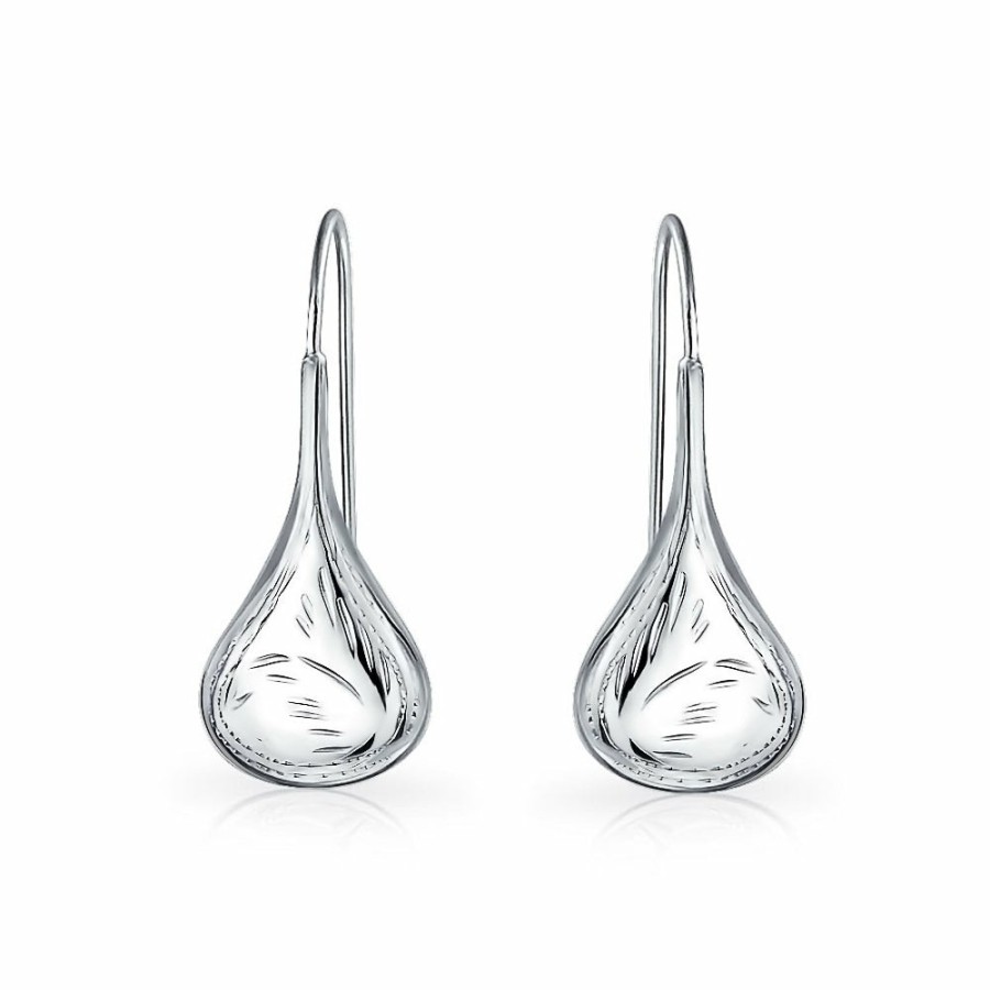 Shop Women Bling Jewelry Dangle Drop Earrings | Carved Rain Drop Puffed Teardrop Threader Earrings Sterling Silver