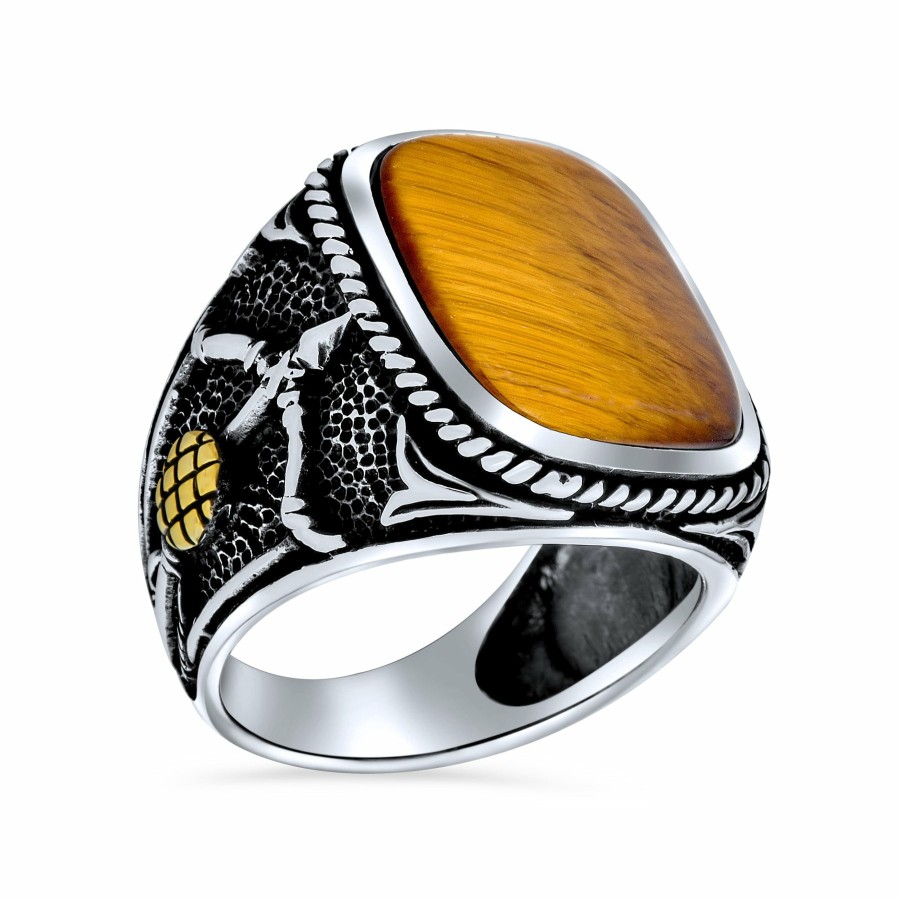 Shop Men Bling Jewelry Mens Rings | Men'S Brown Gemstone Tiger Eye Archery Bow Arrow Ring Sterling Silver Brown Tigers Eye