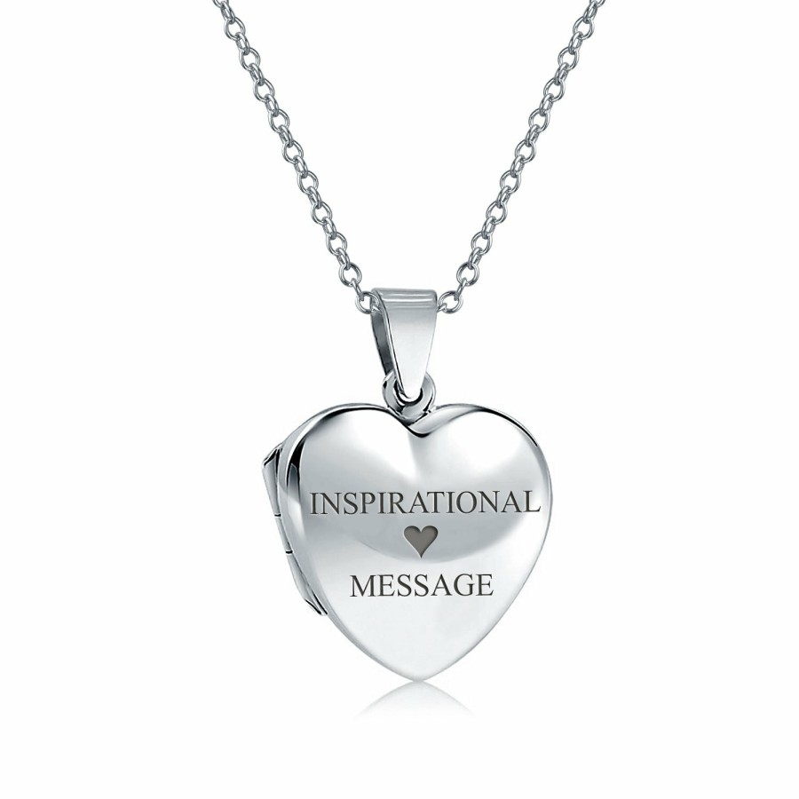 Shop Women Bling Jewelry Engravable Necklaces | Simple Heart Photo Lockets For Women That Hold Picture Locket Pendant Silver