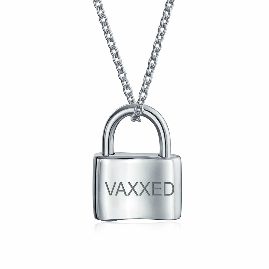 Shop Women Bling Jewelry Engravable Necklaces | Vaccinated Pad Lock Pendant Charm Sterling Silver Necklace