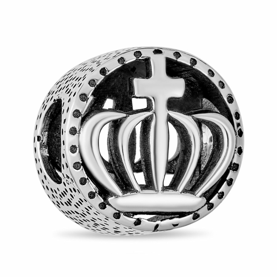 Shop Women Bling Jewelry Religious Beads | Round Crown Celtic Claddagh Bead Charm Oxidized .925 Sterling Silver