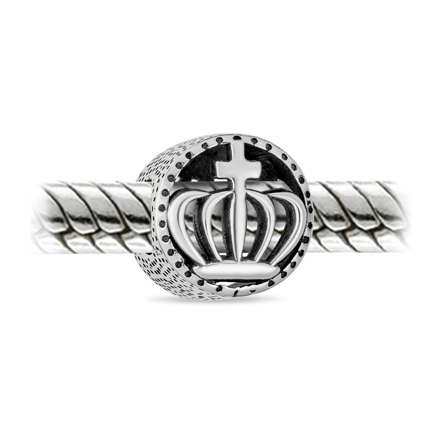 Shop Women Bling Jewelry Religious Beads | Round Crown Celtic Claddagh Bead Charm Oxidized .925 Sterling Silver