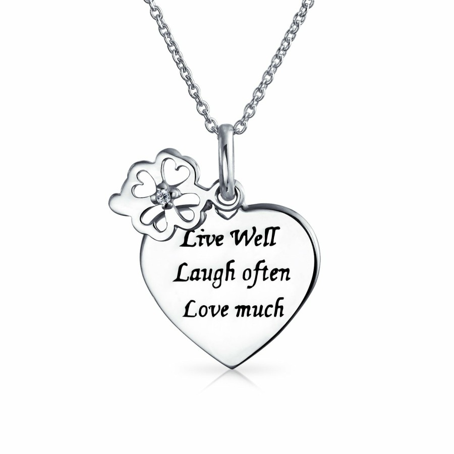 Shop Women Bling Jewelry Engravable Necklaces | Live Love Laugh Flower Charm Heart Pendant Necklace Sterling Silver