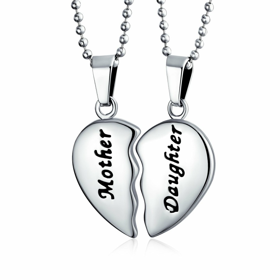 Shop Women Bling Jewelry Pendant Necklaces | Mother Daughter Split Heart Break Apart Stainless Steel Puzzle Pendant Silver Tone