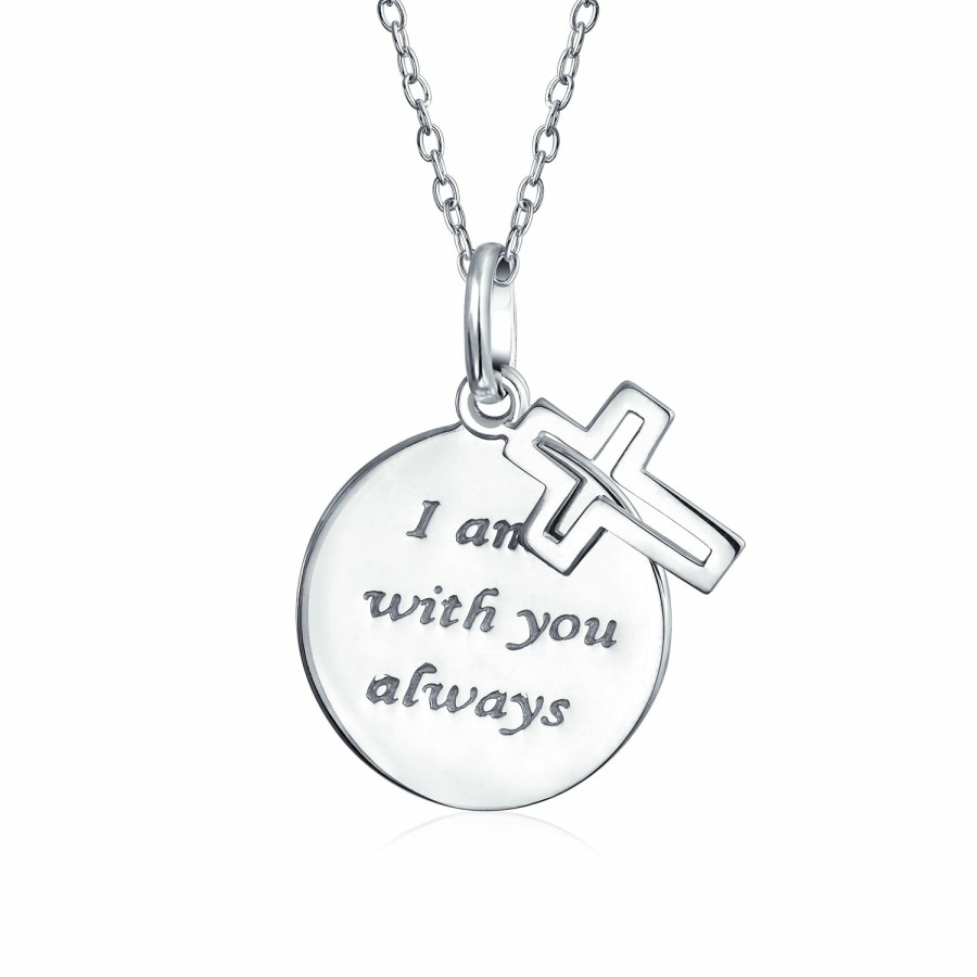 Shop Women Bling Jewelry Pendant Necklaces | I Am With You Word Quote Circle Cross Pendant Necklace .925 Silver