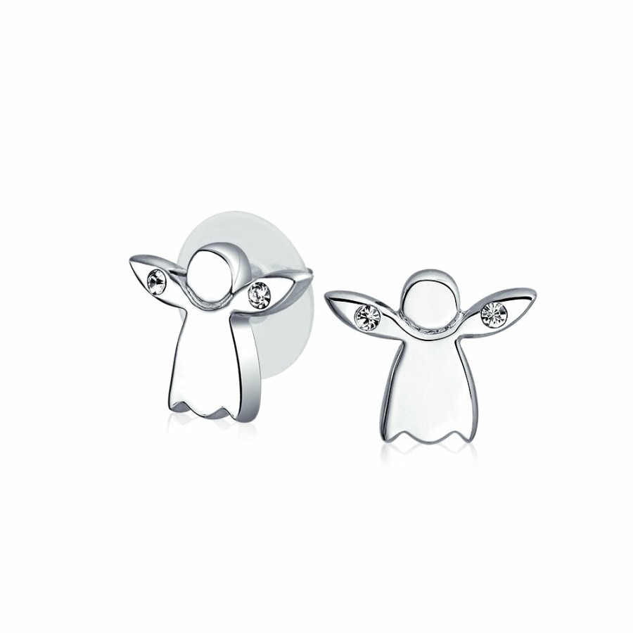 Shop Women Bling Jewelry Stud Earrings | Tiny Crystal Guardian Angel Religious Stud Earrings Silver Plated