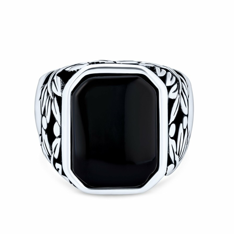 Shop Men Bling Jewelry Mens Rings | Mens Vintage Style Leaf Vine Accent Black Rectangle Onyx Signet Ring Black Onyx