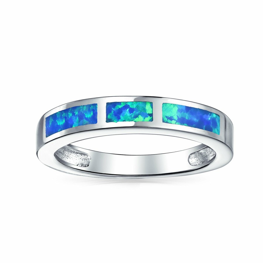 Shop Women Bling Jewelry Engravable Rings | Pink Created Opal Inlay Pave Solitaire Ring .925 Sterling Silver Blue