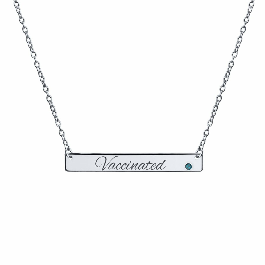 Shop Women Bling Jewelry Delicate Pendant Necklaces | Vaccinated Horizontal Name Plate Bar Crystal Birthstone .925 Silver