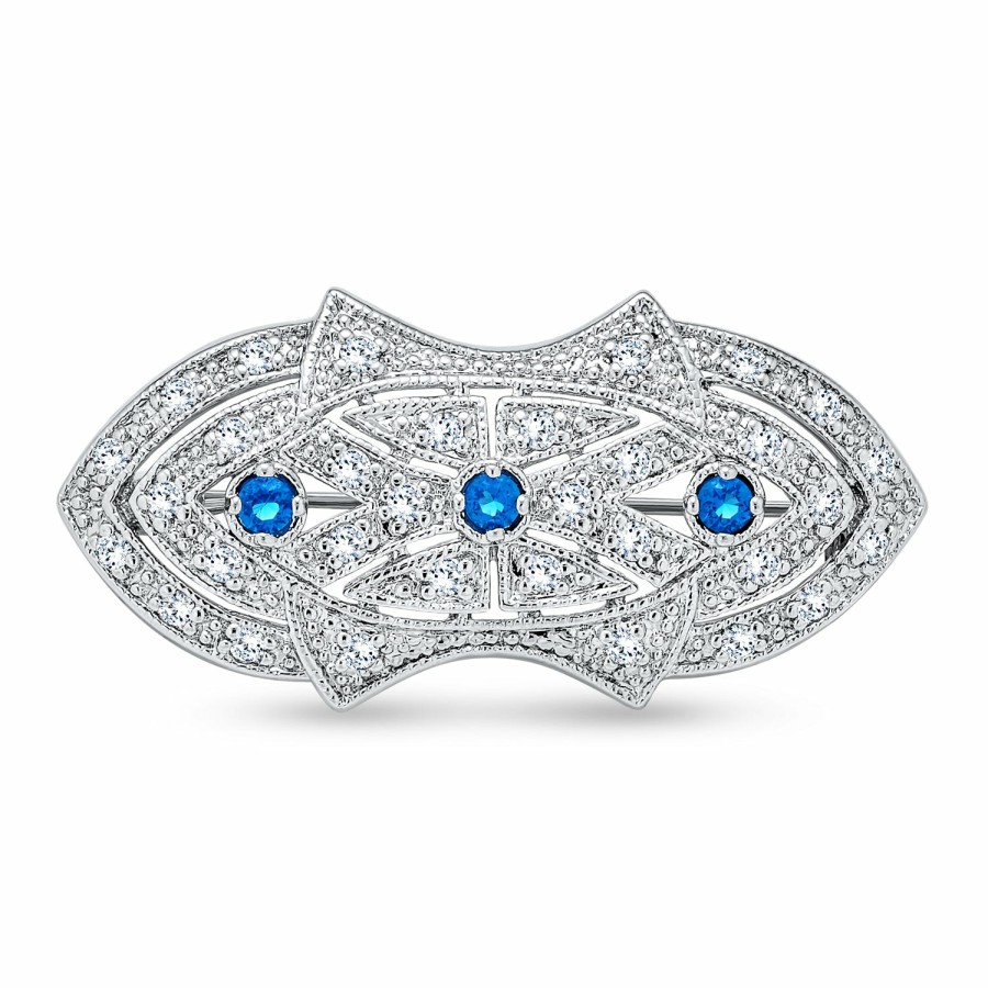 Shop Women Bling Jewelry Pins & Brooches | Art Deco Style Brooch Pin For Women Blue Clear Cz Imitation Sapphire