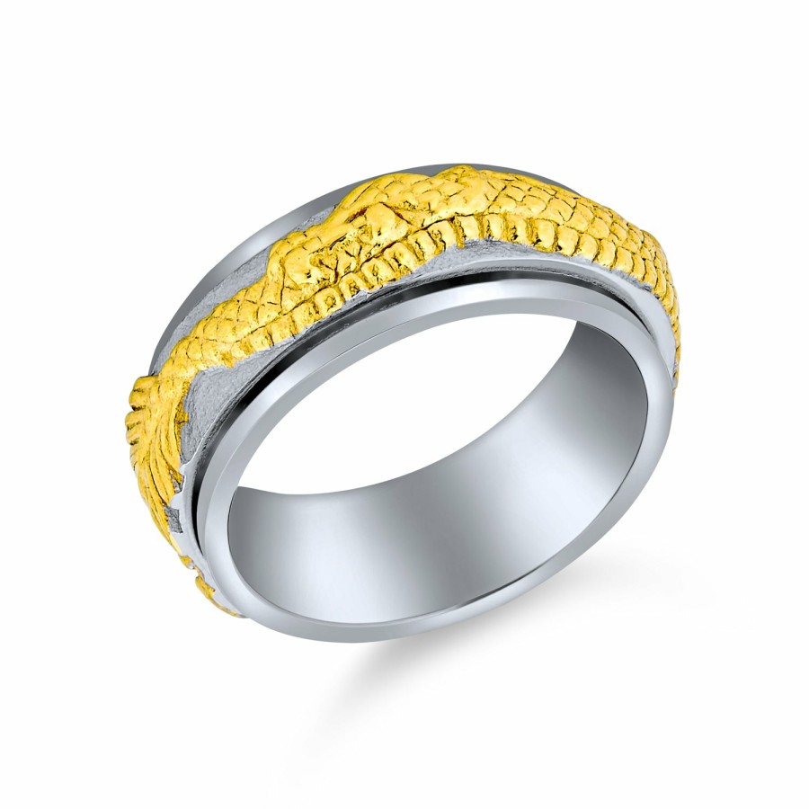 Shop Women Bling Jewelry Wedding Bands | Two Tone Asian Dragon Silver Gold Titanium Wedding Band Spinner Ring Gold-Tone