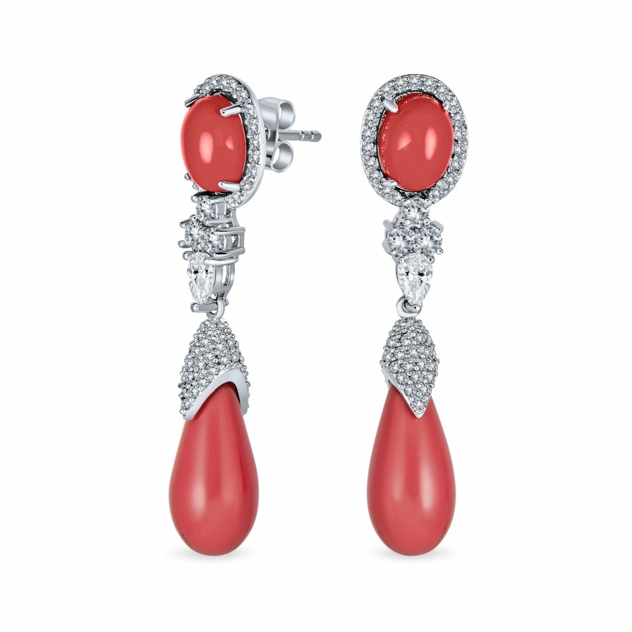 Shop Women Bling Jewelry Chandelier Earrings | Pink Orange Teardrop Coral Cz Statement Dangle Earring Silver Plated