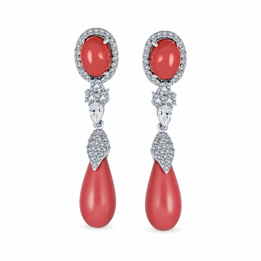 Shop Women Bling Jewelry Chandelier Earrings | Pink Orange Teardrop Coral Cz Statement Dangle Earring Silver Plated