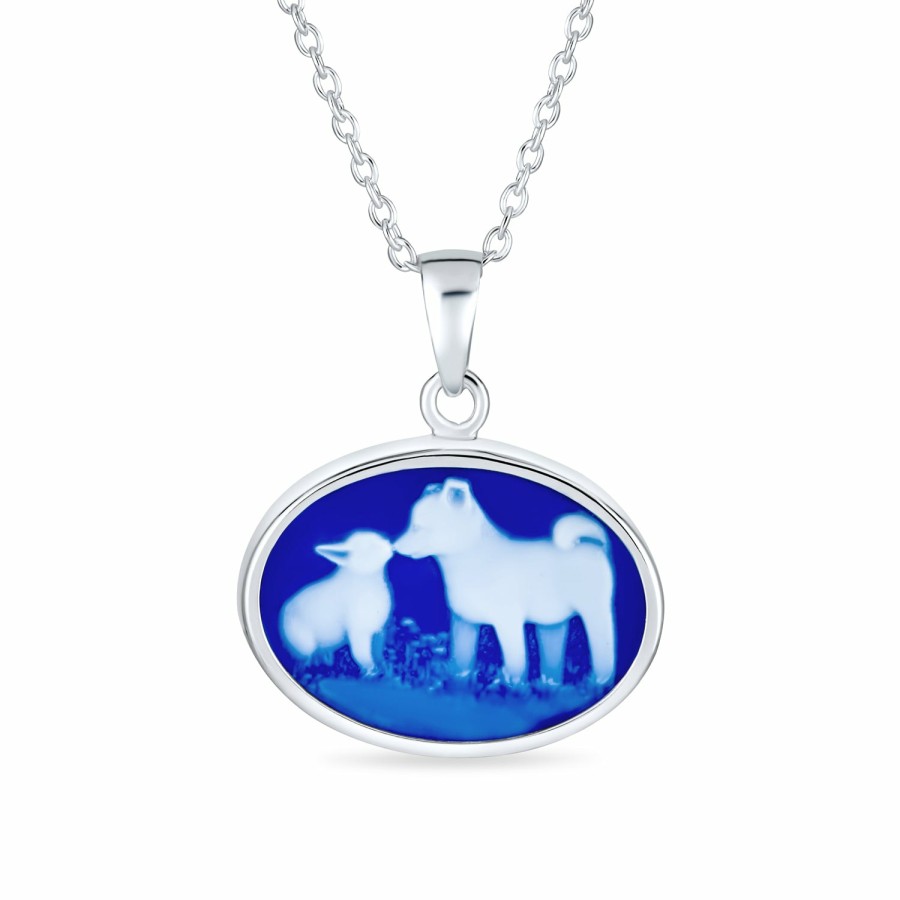 Shop Women Bling Jewelry Engravable Necklaces | Vintage Blue Carved Bff Cat & Dog Portrait Cameo Pendant Necklace