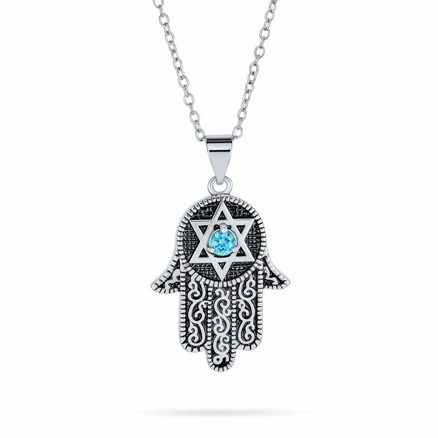 Shop Women Bling Jewelry Pendant Necklaces | Hamsa Hand Of God Star Of David Pendant Necklace Blue Cz Black Plated