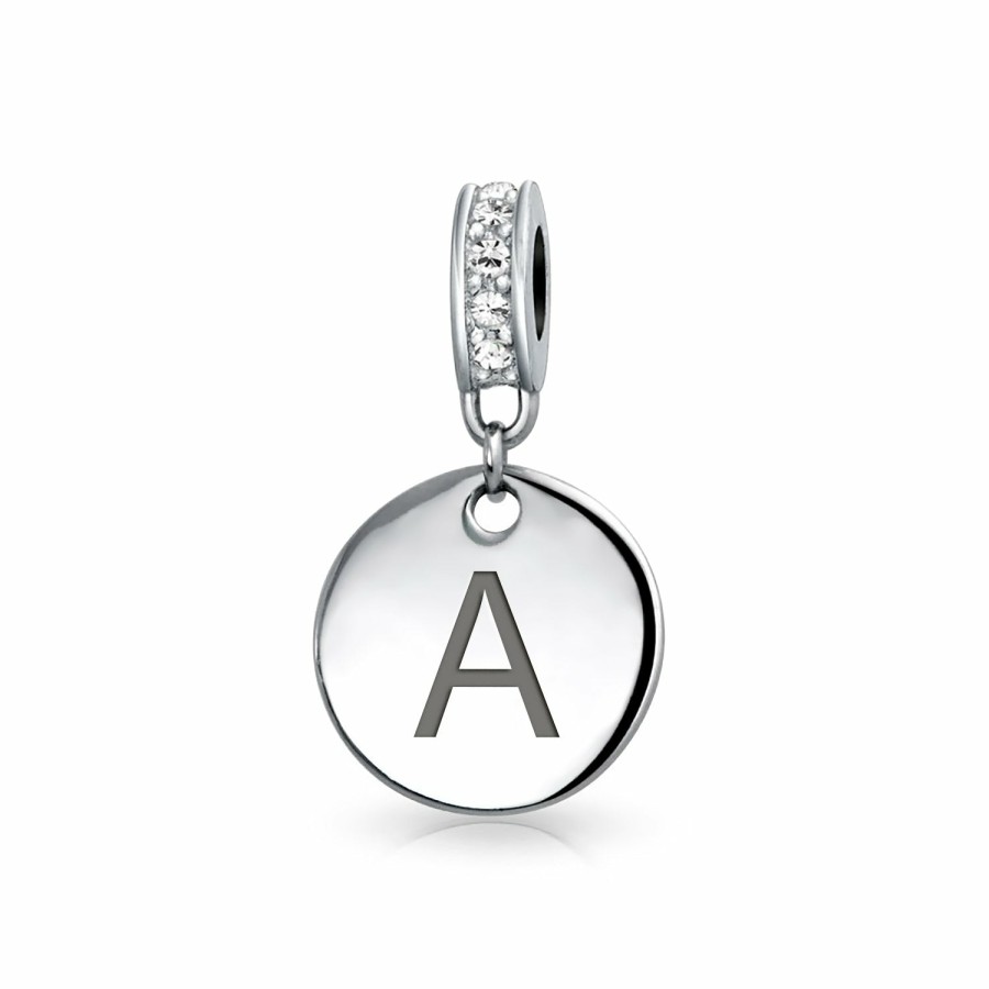 Shop Women Bling Jewelry Engravable Charms | Clear Crystal Alphabet Initials Disc Dangle Circle Charm .925 Silver