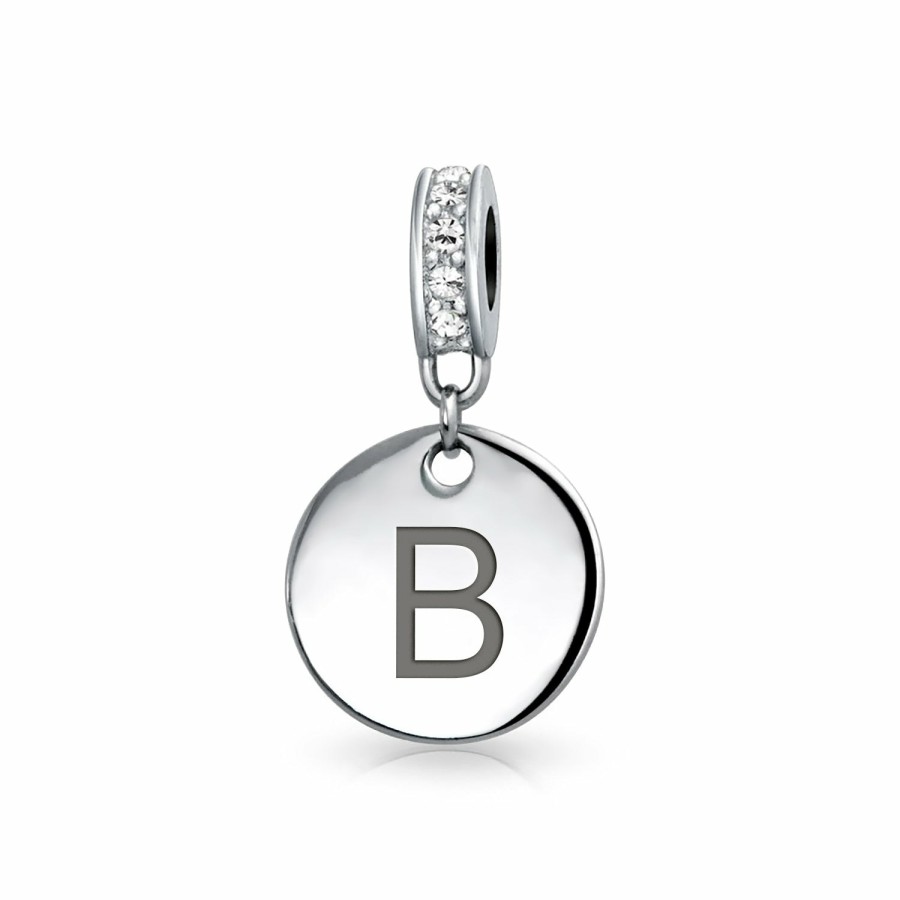 Shop Women Bling Jewelry Engravable Charms | Clear Crystal Alphabet Initials Disc Dangle Circle Charm .925 Silver