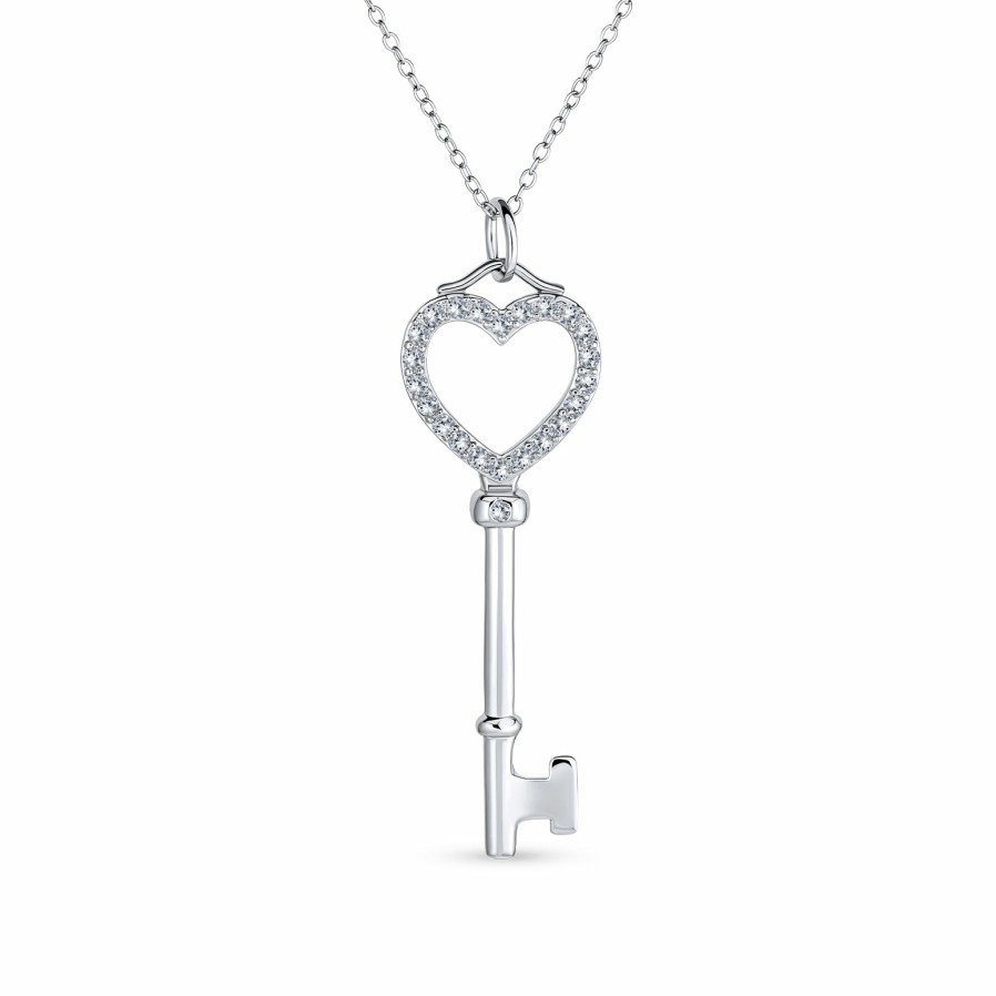 Shop Women Bling Jewelry Pendant Necklaces | Heart Key Pendant Cubic Zirconia Cz .925 Sterling Silver Necklace