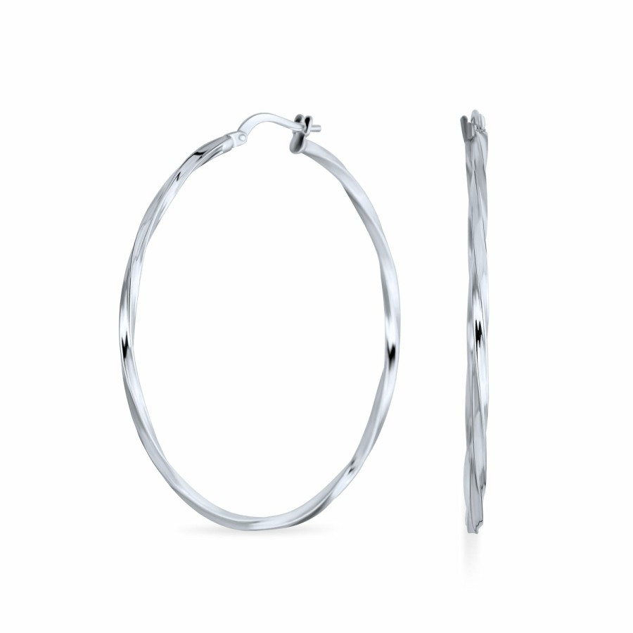 Shop Women Bling Jewelry Hoops Huggies Earrings | Wire Rope Cable Twist Medium Hoop Earrings .925 Silver 1.75 Inch Dia