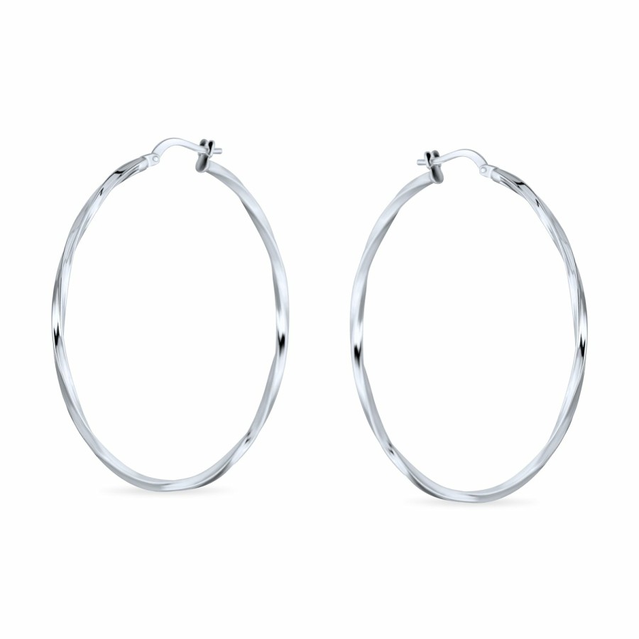 Shop Women Bling Jewelry Hoops Huggies Earrings | Wire Rope Cable Twist Medium Hoop Earrings .925 Silver 1.75 Inch Dia