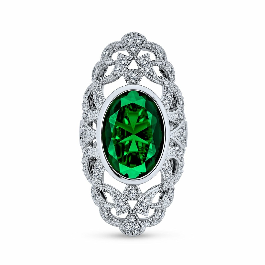 Shop Women Bling Jewelry Statement Cocktail Rings | Green Armor Full Finger Ring Imitation Emerald Cz Silver Plated