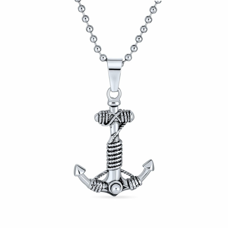 Shop Men Bling Jewelry Mens Pendants & Dog Tags | Nautical Ship Boat Anchor Rope Pendant Necklace Black Stainless Steel