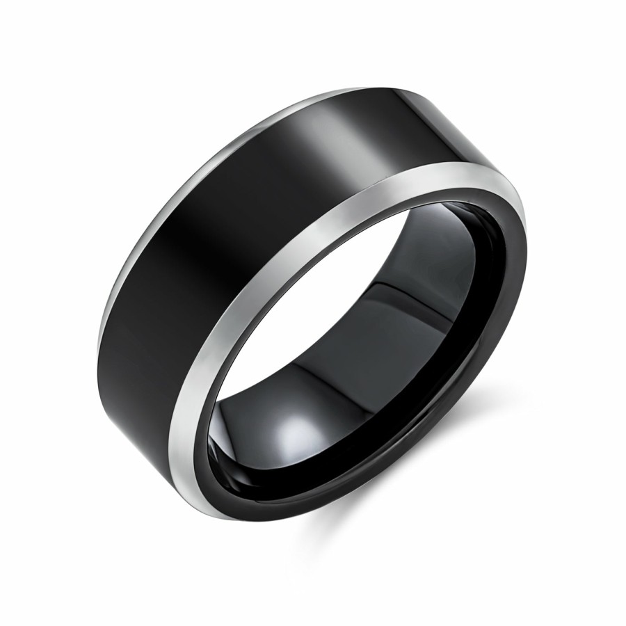 Shop Women Bling Jewelry Engravable Rings | Couples Wedding Band Titanium Ring Silver Two Tone Beveled Edge Black