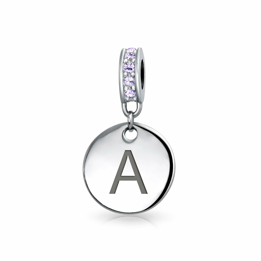 Shop Women Bling Jewelry Birthstone Beads | Purple Crystal Alphabet Initials Disc Dangle Circle Charm .925 Silver