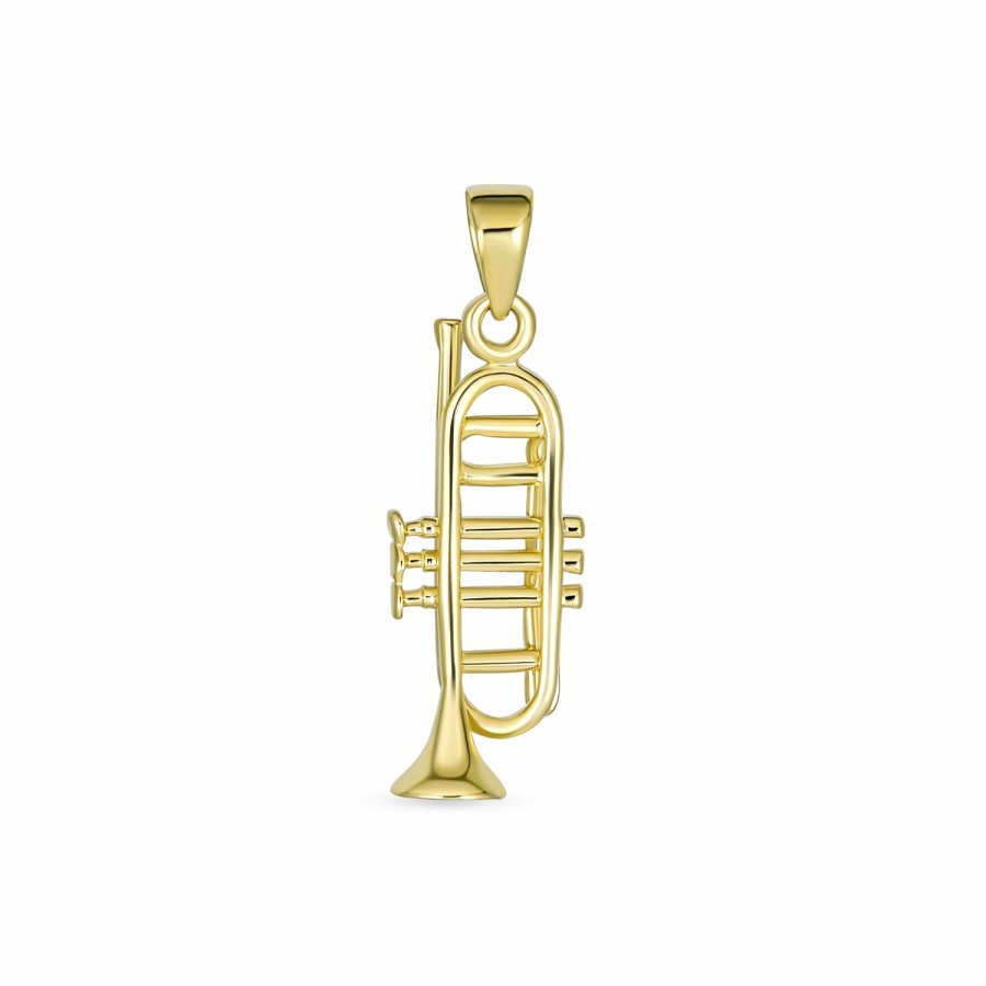 Shop Men Bling Jewelry Mens Pendants & Dog Tags | Real 14K Gold Musician Jazz Lover Trumpet Instrument Pendant