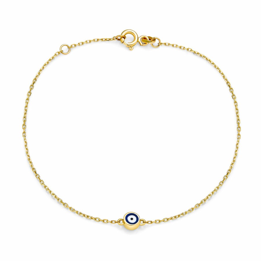 Shop Women Bling Jewelry Unique Bracelets | Delicate Yellow Real 14K Gold Blue Evil Eye Charm Bracelet 6.5-7"