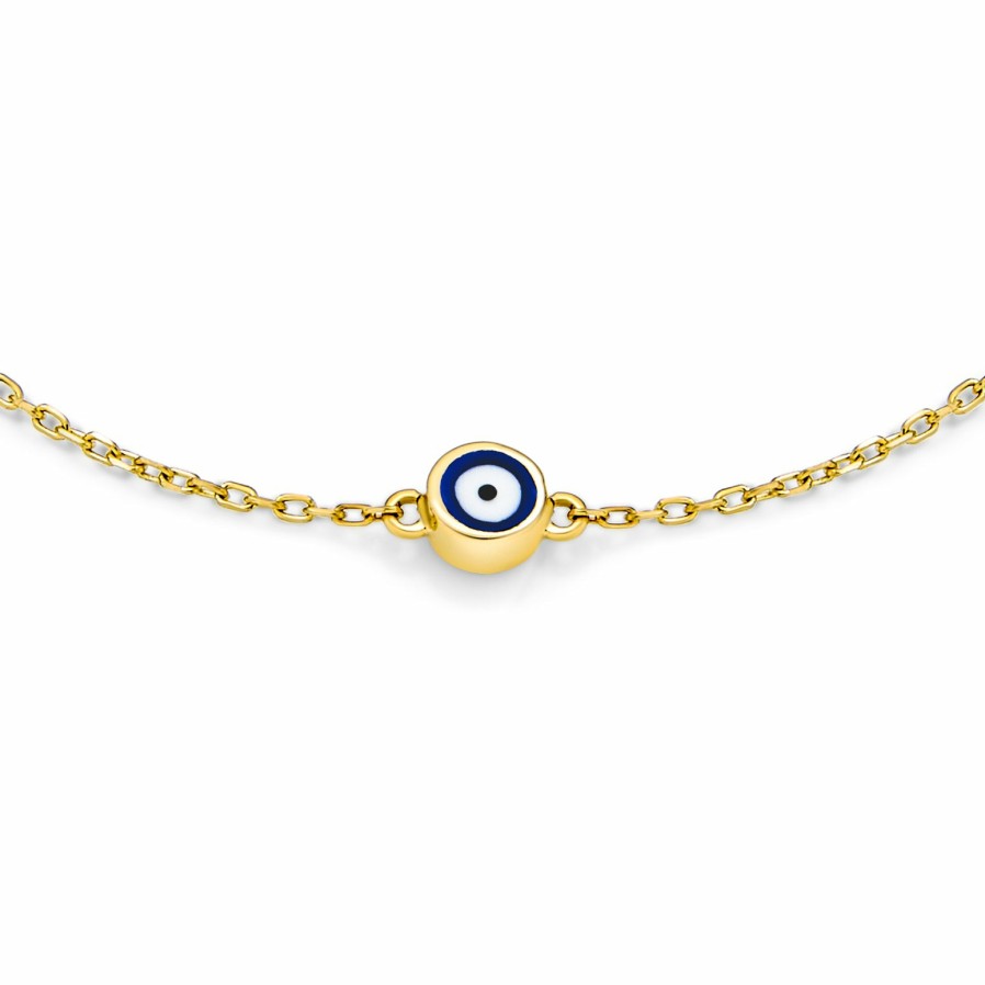 Shop Women Bling Jewelry Unique Bracelets | Delicate Yellow Real 14K Gold Blue Evil Eye Charm Bracelet 6.5-7"