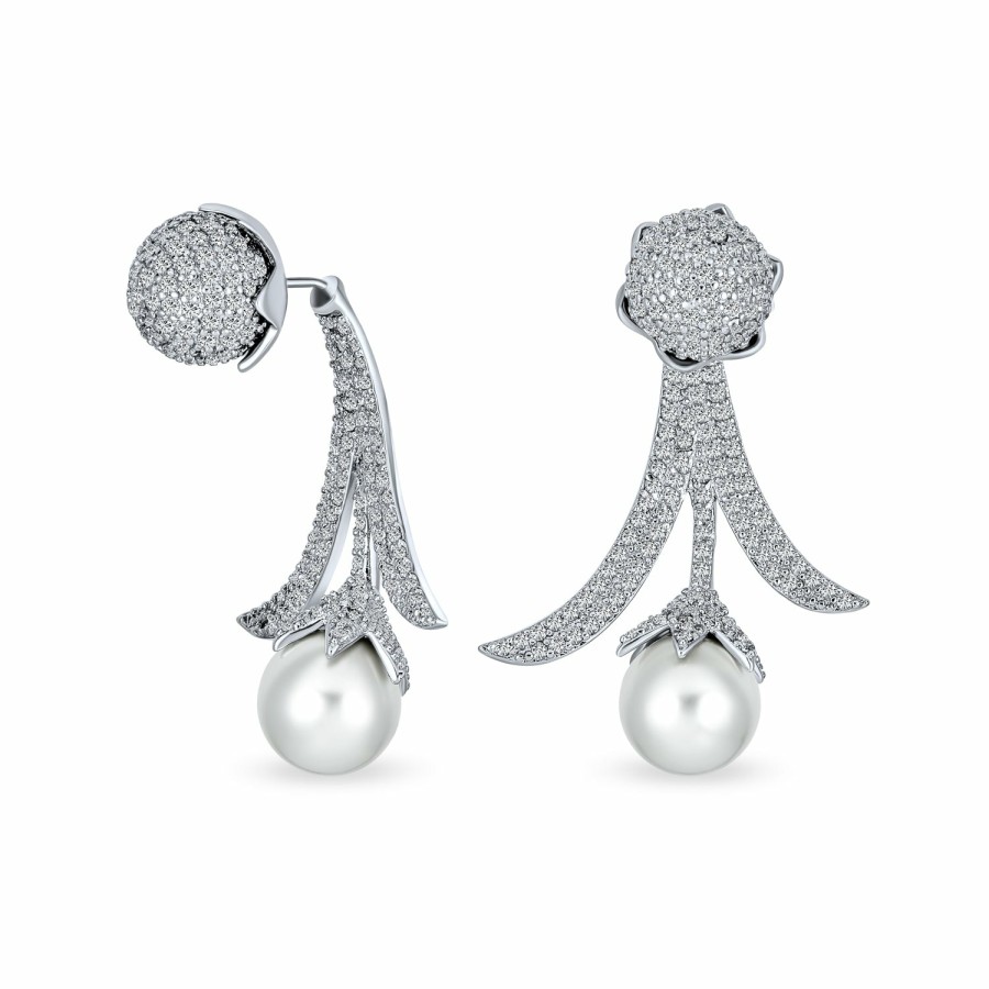 Shop Women Bling Jewelry Ear Cuffs, Cartilage Earrings | Leaf Pave Cz Ear Jacket White Imitation Pearl Earrings Silver Plated