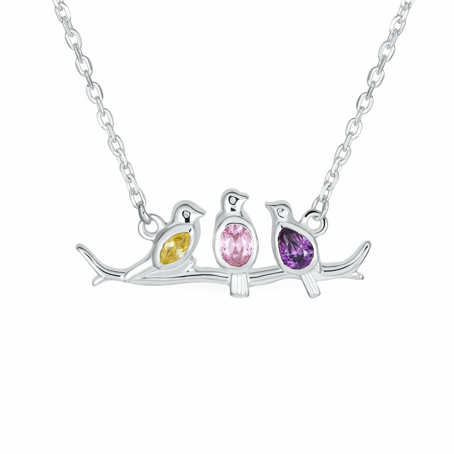 Shop Women Bling Jewelry Pendant Necklaces | Colorful Three Birds Sitting On A Branch Cz Necklace .925 Silver