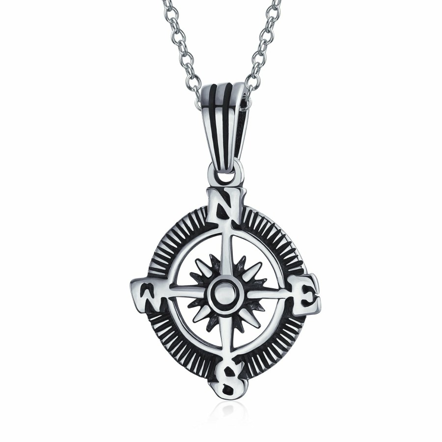 Shop Men Bling Jewelry Mens Pendants & Dog Tags | Medallion Compass Pendant Necklace Earrings Two Tone Black Plated .925