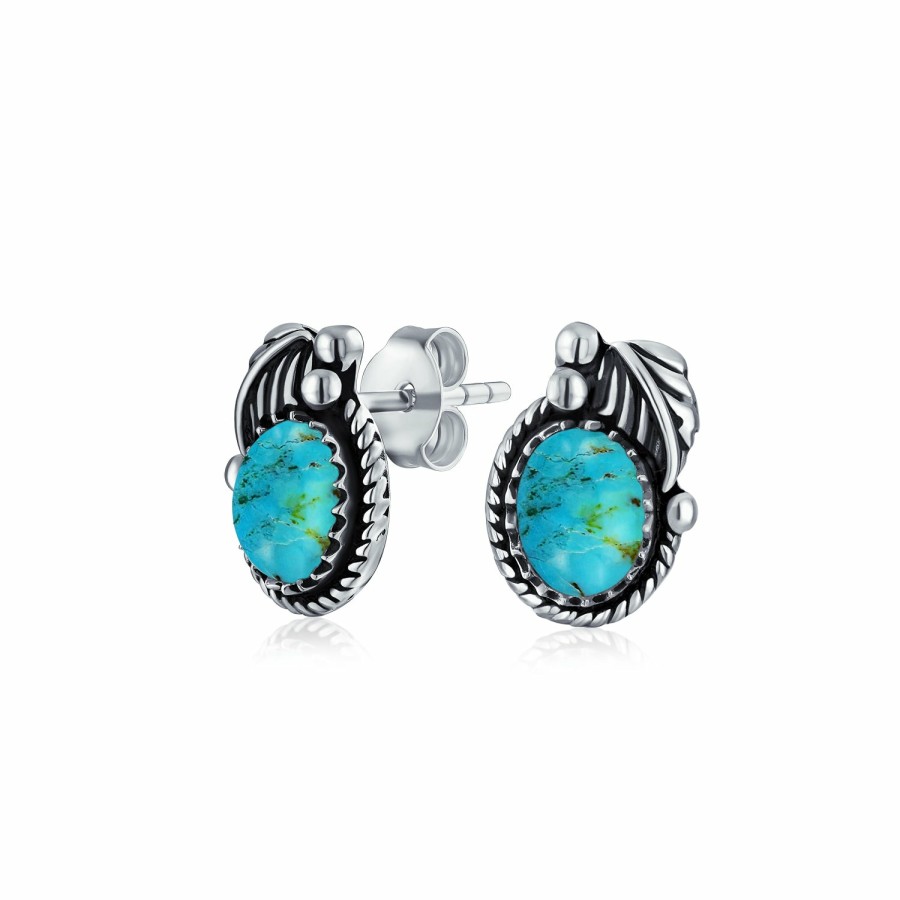 Shop Women Bling Jewelry Stud Earrings | Turquoise Gemstone Oval Bezel Leaf Rope Stud Earrings Sterling Silver