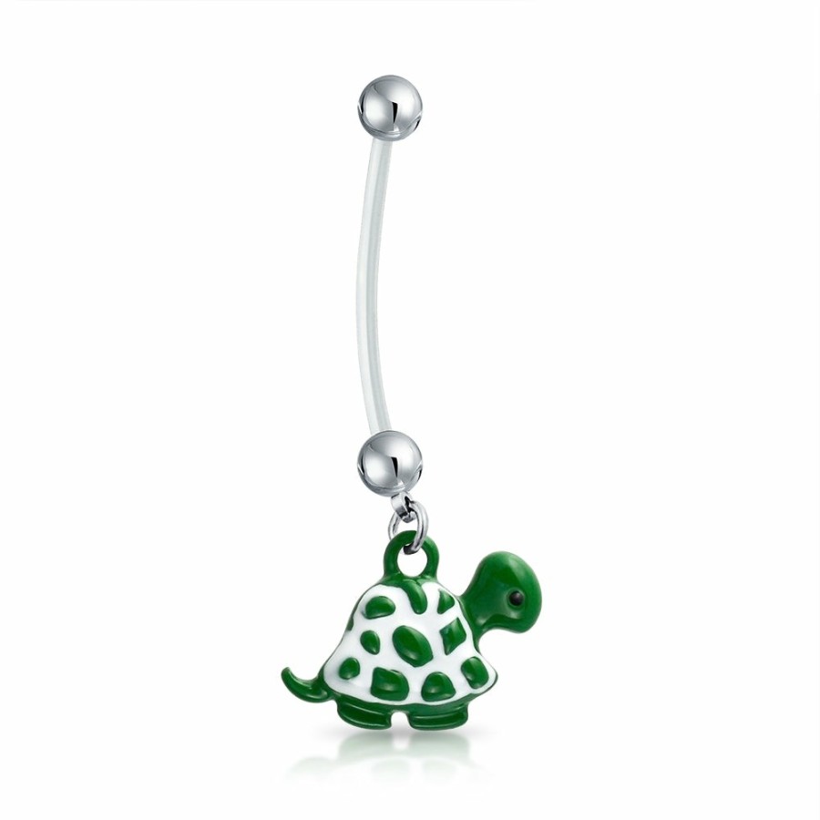 Shop Women Bling Jewelry Belly Rings | Bioflex Green Turtle Bar Ball Navel Belly Ring Surgical Steel 14G