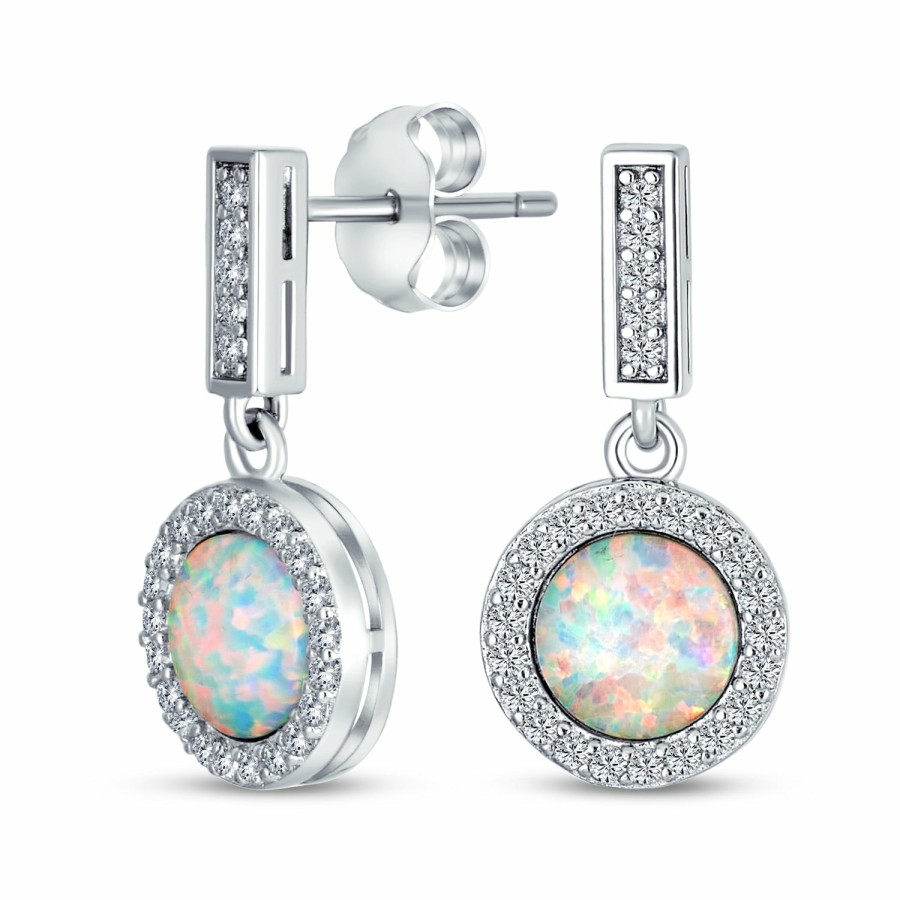 Shop Women Bling Jewelry Dangle Drop Earrings | White Created Opal Halo Pave Cz Round Drop Earrings Sterling Silver