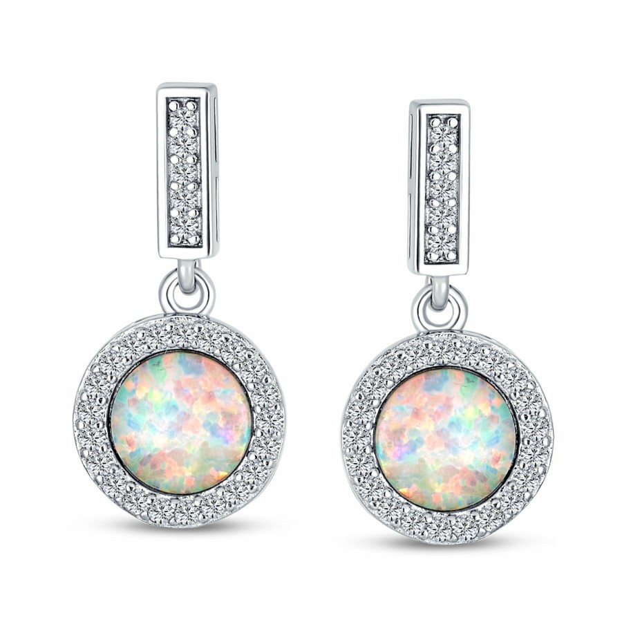 Shop Women Bling Jewelry Dangle Drop Earrings | White Created Opal Halo Pave Cz Round Drop Earrings Sterling Silver