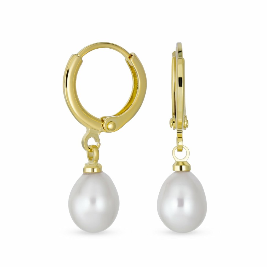 Shop Women Bling Jewelry Dangle Drop Earrings | Simple White Freshwater Mini Hoop Drop Pearl Earrings Gold Plated