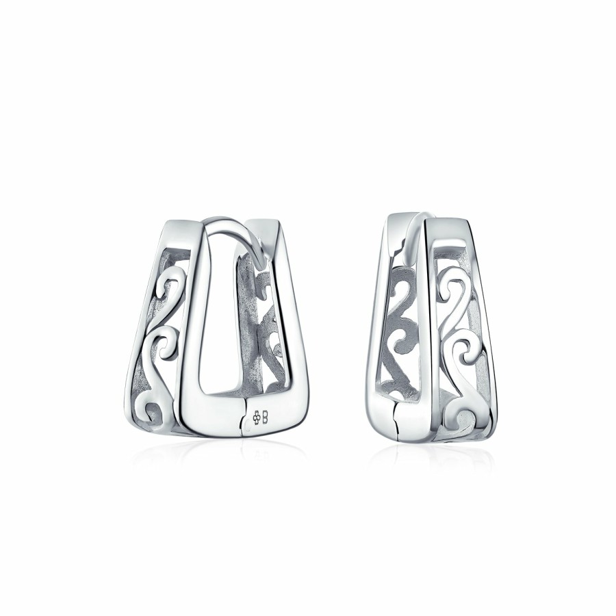 Shop Men Bling Jewelry Mens Earrings | Square Pyramid Scroll Swirl Kpop Hoop Earrings Hoop Sterling