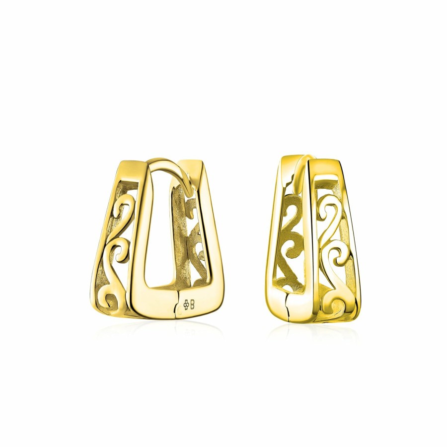 Shop Men Bling Jewelry Mens Earrings | Square Pyramid Scroll Swirl Kpop Hoop Earrings Hoop Sterling